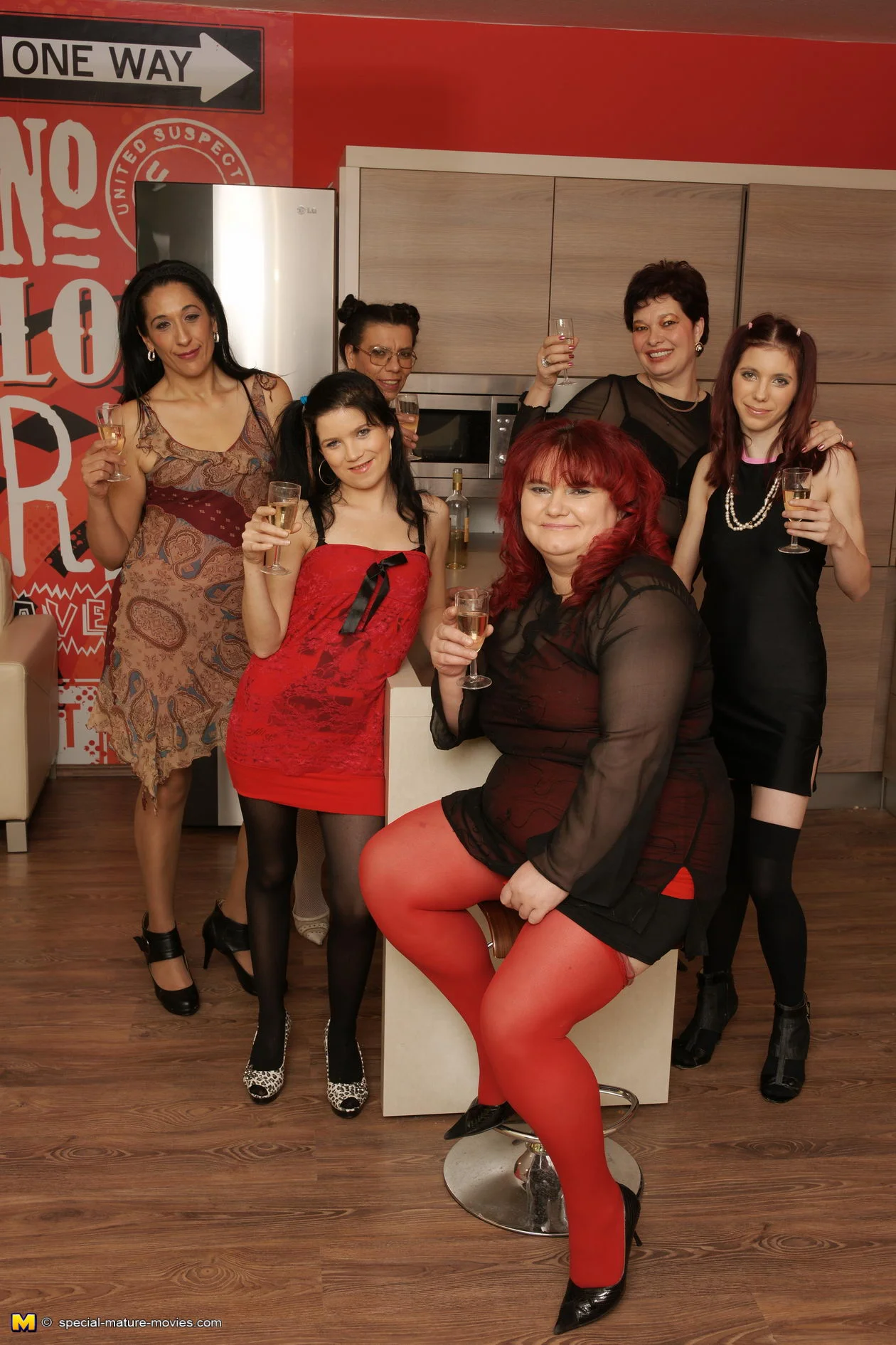 Six old and young lesbians having a very special party