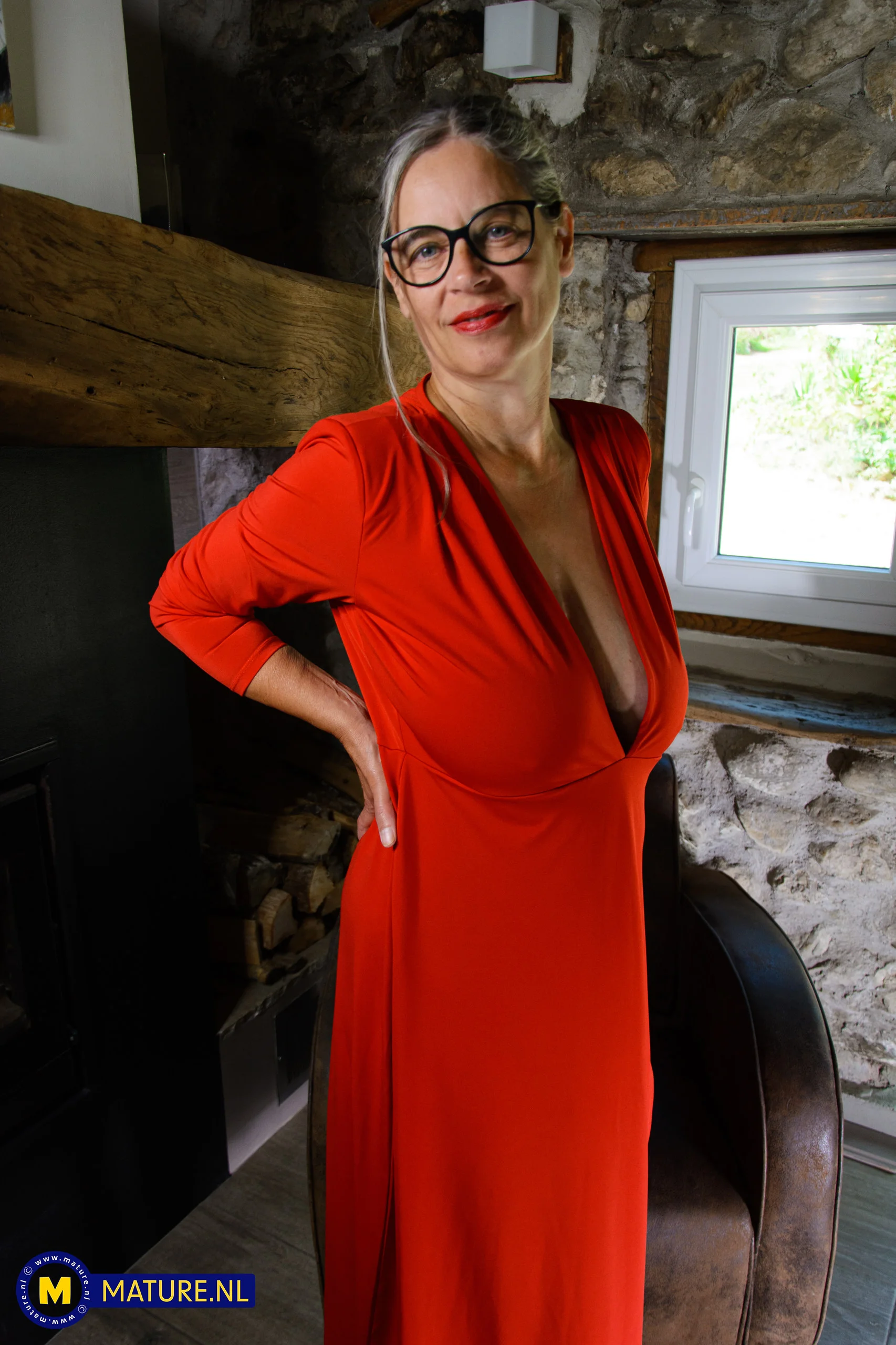 Big breasted hairy grandma Busty Tina invites you to her cabin and have fun