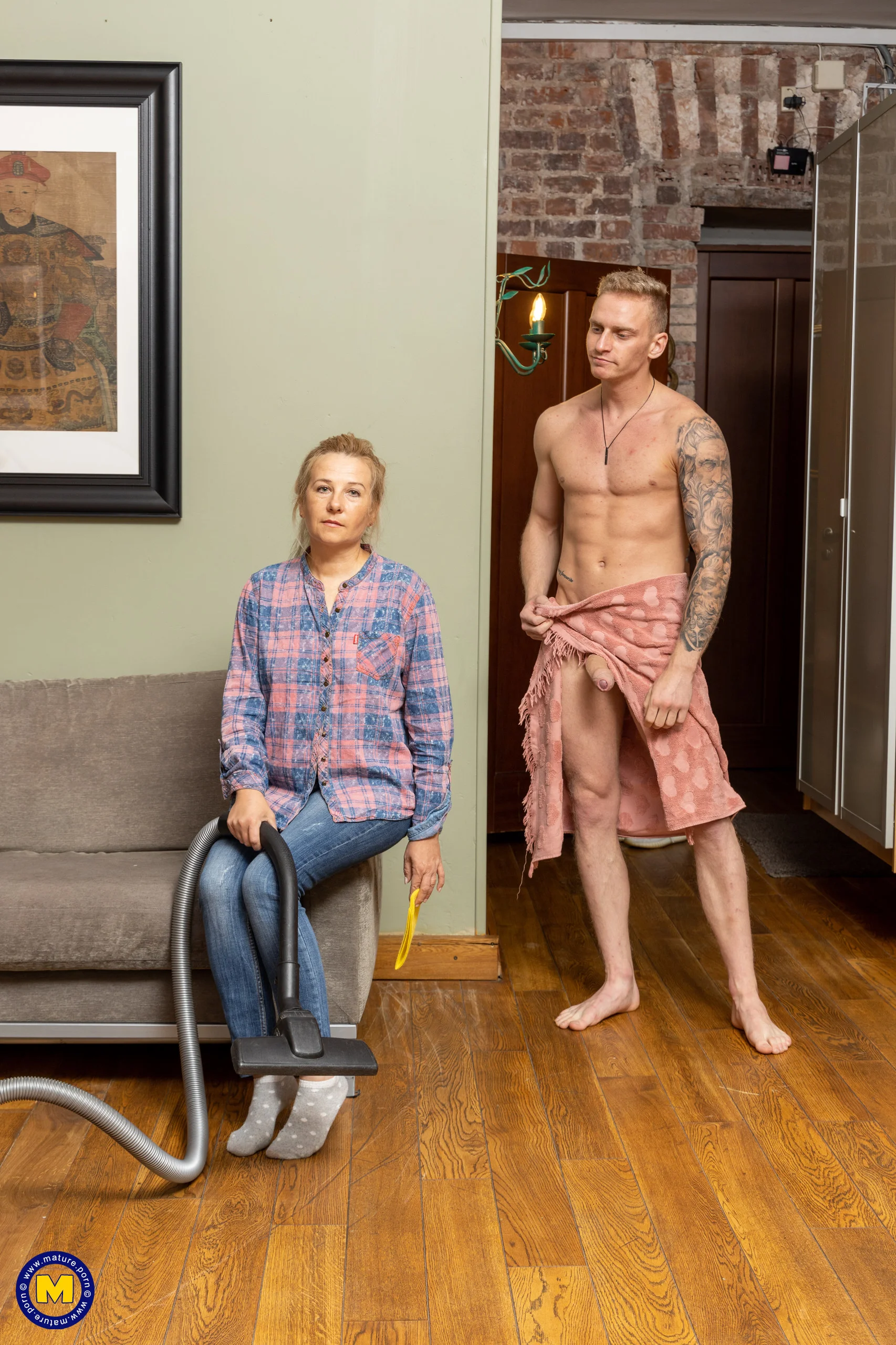 Mature cleaning lady gets it from a muscled toyboy